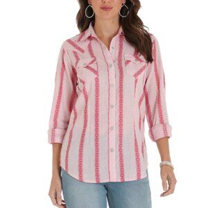 Wrangler Size M pink and White Striped Casual Button-Up Shirt western farmhouse